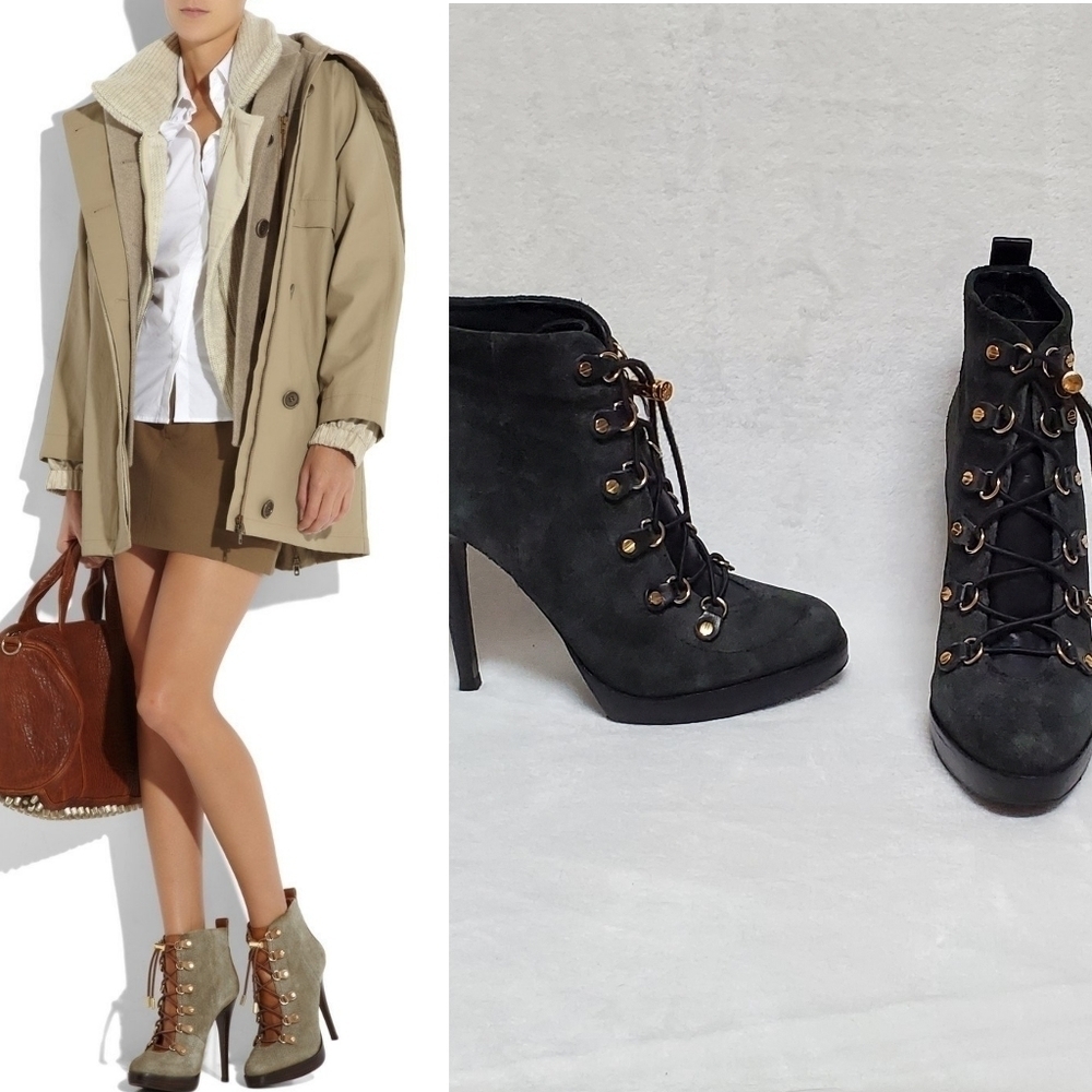 TORY Burch Halima Gray Camel Suede Gold Accent Lace-up Platform Ankle Booties 9M